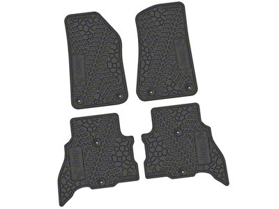 Factory Floorpan Fit Tire Tread/Scorched Earth Scene Front and Rear Floor Mats with JEEP Wave Insert; Black (21-25 Jeep Wrangler JL 4xe)