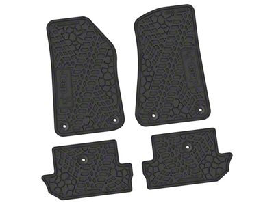 FLEXTREAD Factory Floorpan Fit Tire Tread/Scorched Earth Scene Front and Rear Floor Mats with JEEP Wave Insert; Black (18-24 Jeep Wrangler JL 2-Door)