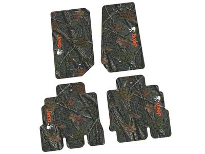 Factory Floorpan Fit Tire Tread/Scorched Earth Scene Front and Rear Floor Mats with Orange and White JEEP Wave Insert; Rugged Woods (07-13 Jeep Wrangler JK 4-Door)