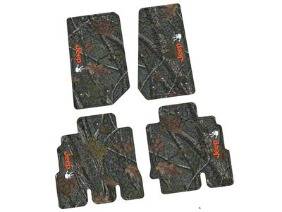 Factory Floorpan Fit Tire Tread/Scorched Earth Scene Front and Rear Floor Mats with Orange and White JEEP Wave Insert; Rugged Woods (14-18 Jeep Wrangler JK 4-Door)