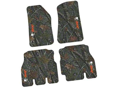 Factory Floorpan Fit Tire Tread/Scorched Earth Scene Front and Rear Floor Mats with Orange and White JEEP Wave Insert; Rugged Woods (18-25 Jeep Wrangler JL 4-Door, Excluding 4xe)