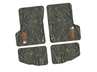 Factory Floorpan Fit Tire Tread/Scorched Earth Scene Front and Rear Floor Mats with Orange and White JEEP Wave Insert; Rugged Woods (97-06 Jeep Wrangler TJ)