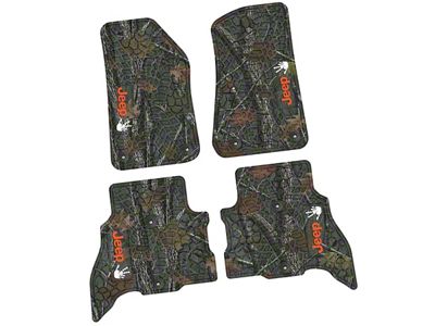 FLEXTREAD Factory Floorpan Fit Tire Tread/Scorched Earth Scene Front and Rear Floor Mats with Orange and White JEEP Wave Insert; Rugged Woods (21-24 Jeep Wrangler JL 4xe)