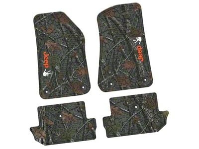 FLEXTREAD Factory Floorpan Fit Tire Tread/Scorched Earth Scene Front and Rear Floor Mats with Orange and White JEEP Wave Insert; Rugged Woods (18-24 Jeep Wrangler JL 2-Door)