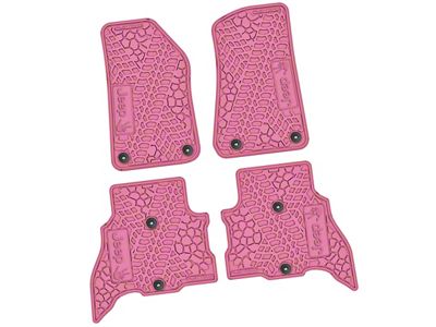 FLEXTREAD Factory Floorpan Fit Tire Tread/Scorched Earth Scene Front and Rear Floor Mats with JEEP Wave Insert; Pink (21-24 Jeep Wrangler JL 4xe)