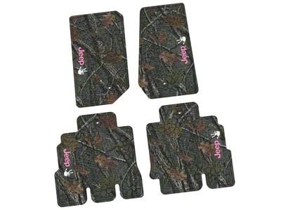 FLEXTREAD Factory Floorpan Fit Tire Tread/Scorched Earth Scene Front and Rear Floor Mats with Pink and White JEEP Wave Insert; Rugged Woods (07-13 Jeep Wrangler JK 4-Door)