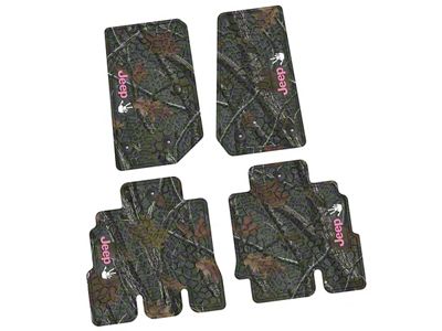 FLEXTREAD Factory Floorpan Fit Tire Tread/Scorched Earth Scene Front and Rear Floor Mats with Pink and White JEEP Wave Insert; Rugged Woods (14-18 Jeep Wrangler JK 4-Door)