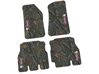 FLEXTREAD Factory Floorpan Fit Tire Tread/Scorched Earth Scene Front and Rear Floor Mats with Pink and White JEEP Wave Insert; Rugged Woods (18-24 Jeep Wrangler JL 4-Door, Excluding 4xe)