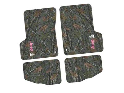 FLEXTREAD Factory Floorpan Fit Tire Tread/Scorched Earth Scene Front and Rear Floor Mats with Pink and White JEEP Wave Insert; Rugged Woods (97-06 Jeep Wrangler TJ)