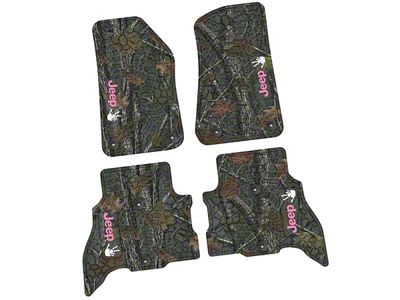 FLEXTREAD Factory Floorpan Fit Tire Tread/Scorched Earth Scene Front and Rear Floor Mats with Pink and White JEEP Wave Insert; Rugged Woods (21-24 Jeep Wrangler JL 4xe)