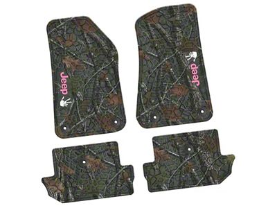 Factory Floorpan Fit Tire Tread/Scorched Earth Scene Front and Rear Floor Mats with Pink and White JEEP Wave Insert; Rugged Woods (18-25 Jeep Wrangler JL 2-Door)