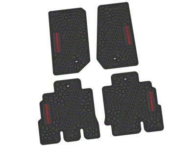 Factory Floorpan Fit Tire Tread/Scorched Earth Scene Front and Rear Floor Mats with Red Wrangler Insert; Black (07-13 Jeep Wrangler JK 4-Door)