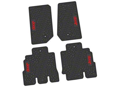 Factory Floorpan Fit Tire Tread/Scorched Earth Scene Front and Rear Floor Mats with Red JEEP Insert; Black (07-13 Jeep Wrangler JK 4-Door)