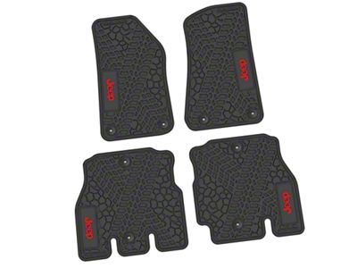 Factory Floorpan Fit Tire Tread/Scorched Earth Scene Front and Rear Floor Mats with Red JEEP Insert; Black (18-25 Jeep Wrangler JL 4-Door, Excluding 4xe)