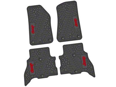 Factory Floorpan Fit Tire Tread/Scorched Earth Scene Front and Rear Floor Mats with Red JEEP Insert; Black (21-25 Jeep Wrangler JL 4xe)