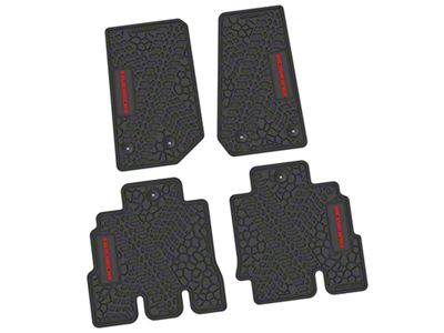 Factory Floorpan Fit Tire Tread/Scorched Earth Scene Front and Rear Floor Mats with Red Rubicon Insert; Black (14-18 Jeep Wrangler JK 4-Door)