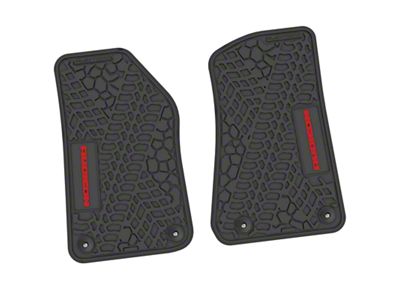 Factory Floorpan Fit Tire Tread/Scorched Earth Scene Front Floor Mats with Red Rubicon Insert; Black (18-25 Jeep Wrangler JL 2-Door)