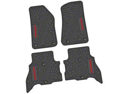 Factory Floorpan Fit Tire Tread/Scorched Earth Scene Front and Rear Floor Mats with Red Rubicon Insert; Black (21-25 Jeep Wrangler JL 4xe)