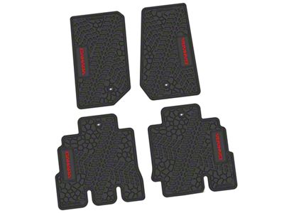 Factory Floorpan Fit Tire Tread/Scorched Earth Scene Front and Rear Floor Mats with Red Sahara Insert; Black (07-13 Jeep Wrangler JK 4-Door)