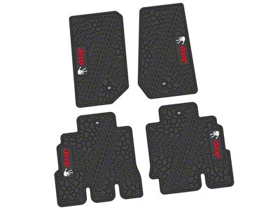 Factory Floorpan Fit Tire Tread/Scorched Earth Scene Front and Rear Floor Mats with Red and White JEEP Wave Insert; Black (07-13 Jeep Wrangler JK 4-Door)