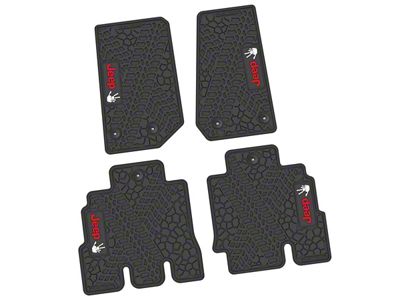 Factory Floorpan Fit Tire Tread/Scorched Earth Scene Front and Rear Floor Mats with Red and White JEEP Wave Insert; Black (14-18 Jeep Wrangler JK 4-Door)