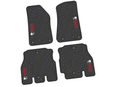 Factory Floorpan Fit Tire Tread/Scorched Earth Scene Front and Rear Floor Mats with Red and White JEEP Wave Insert; Black (18-25 Jeep Wrangler JL 4-Door, Excluding 4xe)