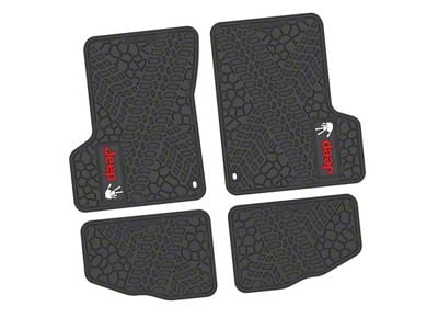 FLEXTREAD Factory Floorpan Fit Tire Tread/Scorched Earth Scene Front and Rear Floor Mats with Red and White JEEP Wave Insert; Black (97-06 Jeep Wrangler TJ)