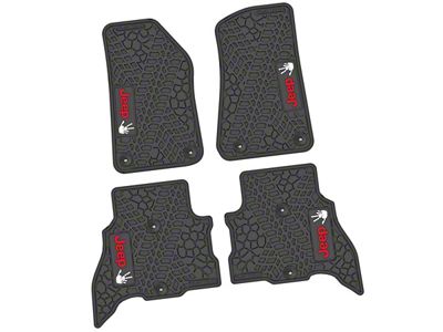 FLEXTREAD Factory Floorpan Fit Tire Tread/Scorched Earth Scene Front and Rear Floor Mats with Red and White JEEP Wave Insert; Black (21-24 Jeep Wrangler JL 4xe)