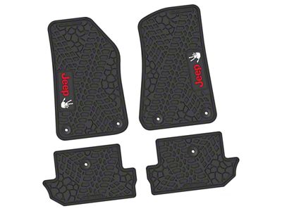 FLEXTREAD Factory Floorpan Fit Tire Tread/Scorched Earth Scene Front and Rear Floor Mats with Red and White JEEP Wave Insert; Black (18-24 Jeep Wrangler JL 2-Door)