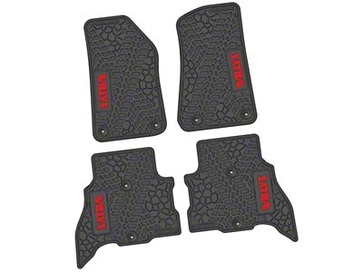 Factory Floorpan Fit Tire Tread/Scorched Earth Scene Front and Rear Floor Mats with Red Willys Insert; Black (21-25 Jeep Wrangler JL 4xe)