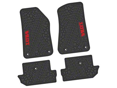 Factory Floorpan Fit Tire Tread/Scorched Earth Scene Front and Rear Floor Mats with Red Willys Insert; Black (18-25 Jeep Wrangler JL 2-Door)