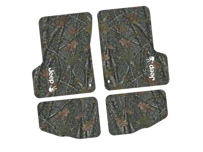 FLEXTREAD Factory Floorpan Fit Tire Tread/Scorched Earth Scene Front and Rear Floor Mats with White JEEP Wave Insert; Rugged Woods (97-06 Jeep Wrangler TJ)