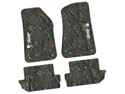 Factory Floorpan Fit Tire Tread/Scorched Earth Scene Front and Rear Floor Mats with White JEEP Wave Insert; Rugged Woods (18-25 Jeep Wrangler JL 2-Door)