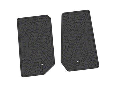 Factory Floorpan Fit Tire Tread/Scorched Earth Scene Front Floor Mats with JEEP Wave Insert; Black (07-13 Jeep Wrangler JK 2-Door)