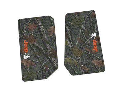 FLEXTREAD Factory Floorpan Fit Tire Tread/Scorched Earth Scene Front Floor Mats with Orange and White JEEP Wave Insert; Rugged Woods (07-13 Jeep Wrangler JK 2-Door)