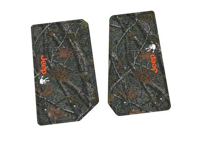 FLEXTREAD Factory Floorpan Fit Tire Tread/Scorched Earth Scene Front Floor Mats with Orange and White JEEP Wave Insert; Rugged Woods (14-18 Jeep Wrangler JK 2-Door)