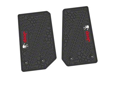 Factory Floorpan Fit Tire Tread/Scorched Earth Scene Front Floor Mats with Red and White JEEP Wave Insert; Black (14-18 Jeep Wrangler JK 2-Door)