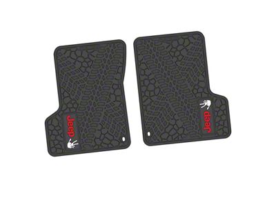 Factory Floorpan Fit Tire Tread/Scorched Earth Scene Front Floor Mats with Red and White JEEP Wave Insert; Black (97-06 Jeep Wrangler TJ)