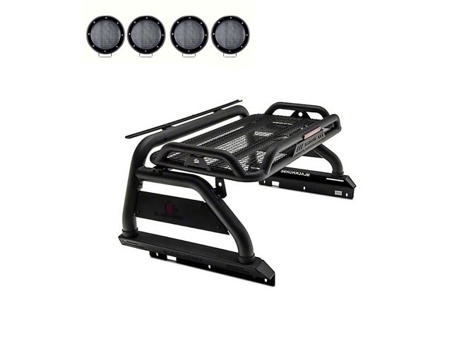 Atlas Roll Bar with 5.30-Inch Black Round Flood LED Lights for Tonneau Cover; Black (05-21 Frontier)