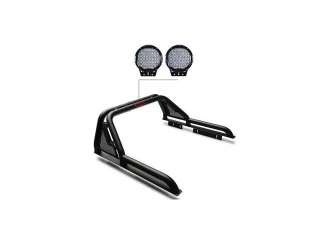 Gladiator Roll Bar with 9-Inch Black Round Flood LED Lights; Black (05-21 Frontier)