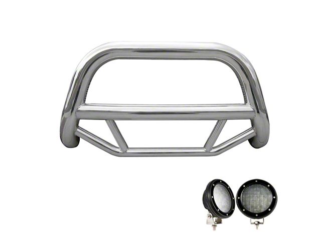 Max Bull Bar with 5.30-Inch Black Round Flood LED Lights; Stainless Steel (05-21 Frontier)