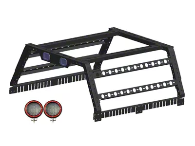 Overland Utility Bed Rack with Red 5.30-Inch Round LED Lights; Black (05-21 Frontier)