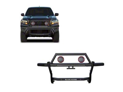 Rambler Grille Guard with 30-Inch LED Light Bar and 5.30-Inch Red Round Flood LED Lights; Matte Black (22-25 Frontier)