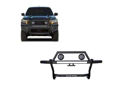 Rambler Grille Guard with 5.30-Inch Black Round Flood LED Lights; Matte Black (22-25 Frontier)