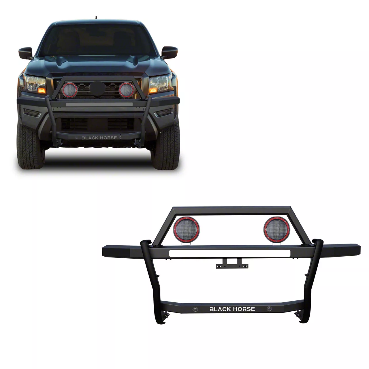 Frontier Rambler Grille Guard with 5.30-Inch Red Round Flood LED Lights ...