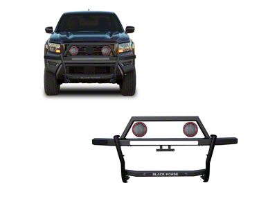 Rambler Grille Guard with 5.30-Inch Red Round Flood LED Lights; Matte Black (22-25 Frontier)