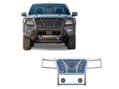 Rugged Heavy Duty Grille Guard with 5.30-Inch Black Round Flood LED Lights; Black (22-24 Frontier)