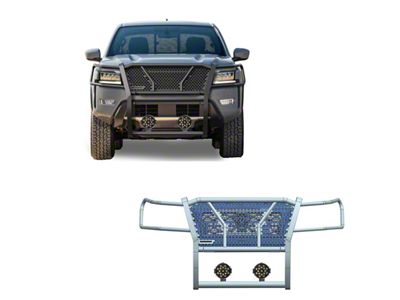 Rugged Heavy Duty Grille Guard with 7-Inch Black Round LED Lights; Black (22-25 Frontier)