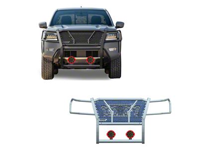 Rugged Heavy Duty Grille Guard with 7-Inch Red Round Flood LED Lights; Black (22-24 Frontier)