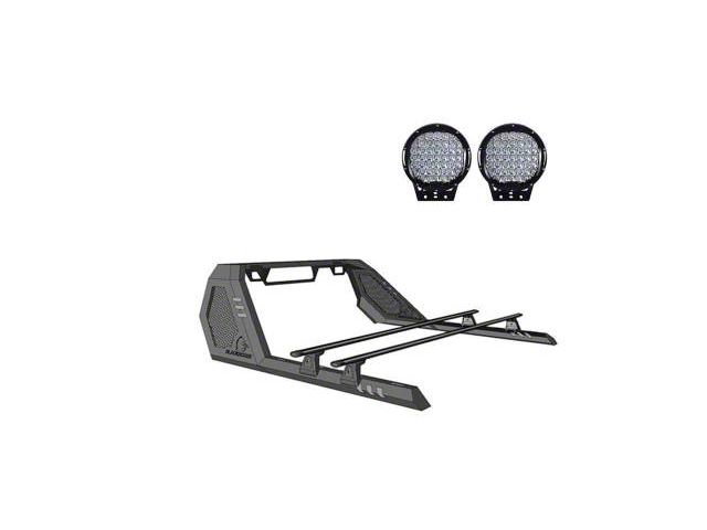 Vigor Roll Bar with Cross Bar and 9-Inch Black Round Flood LED Lights; Black (05-21 Frontier)